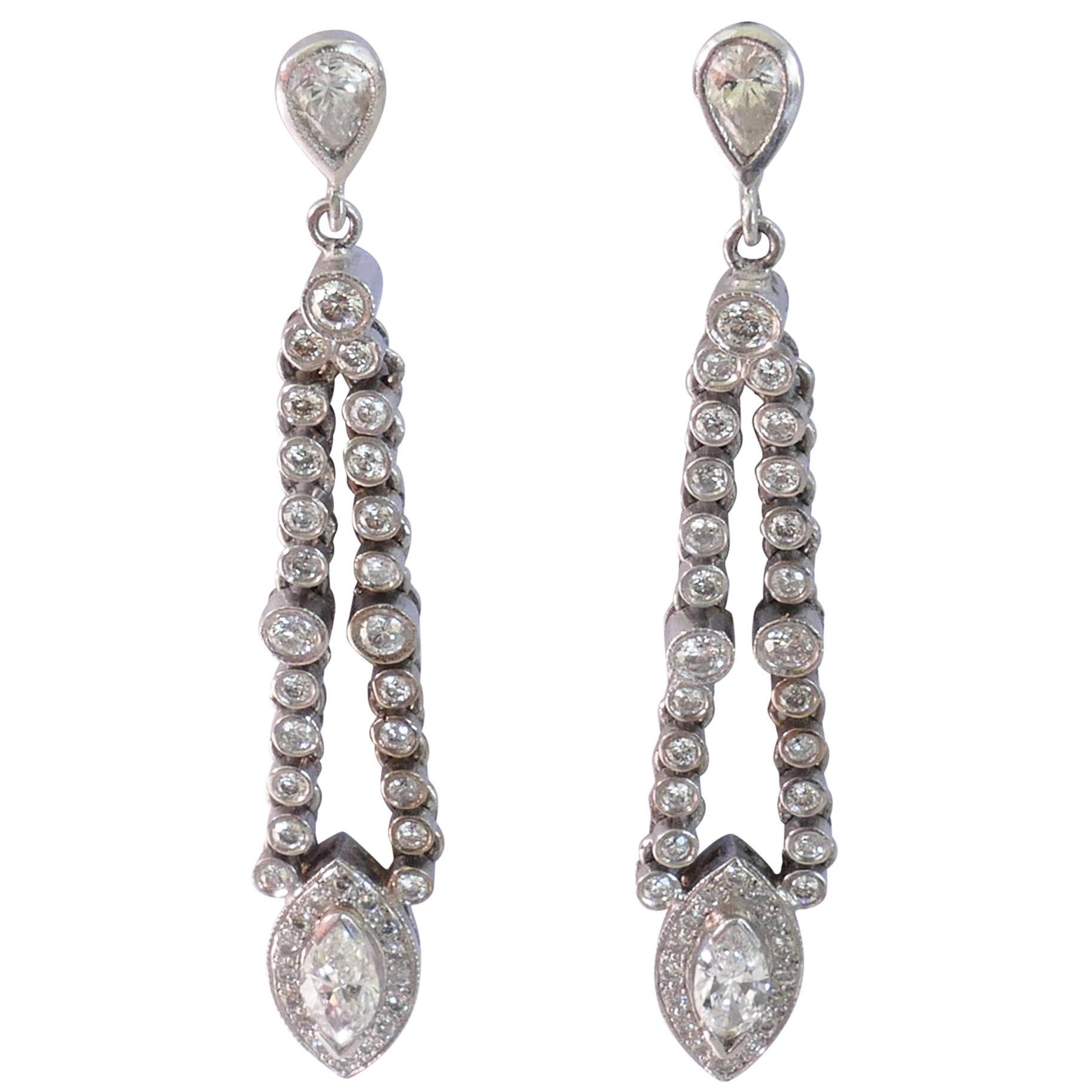 18 Carat White Gold Pear, Marquise and Round Brilliant Cut Drop Earrings