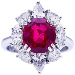 Retro 18 Carat White Gold, ‘Pigeon’s Blood’ 4.27 Carat Ruby and Diamond Cluster Ring
