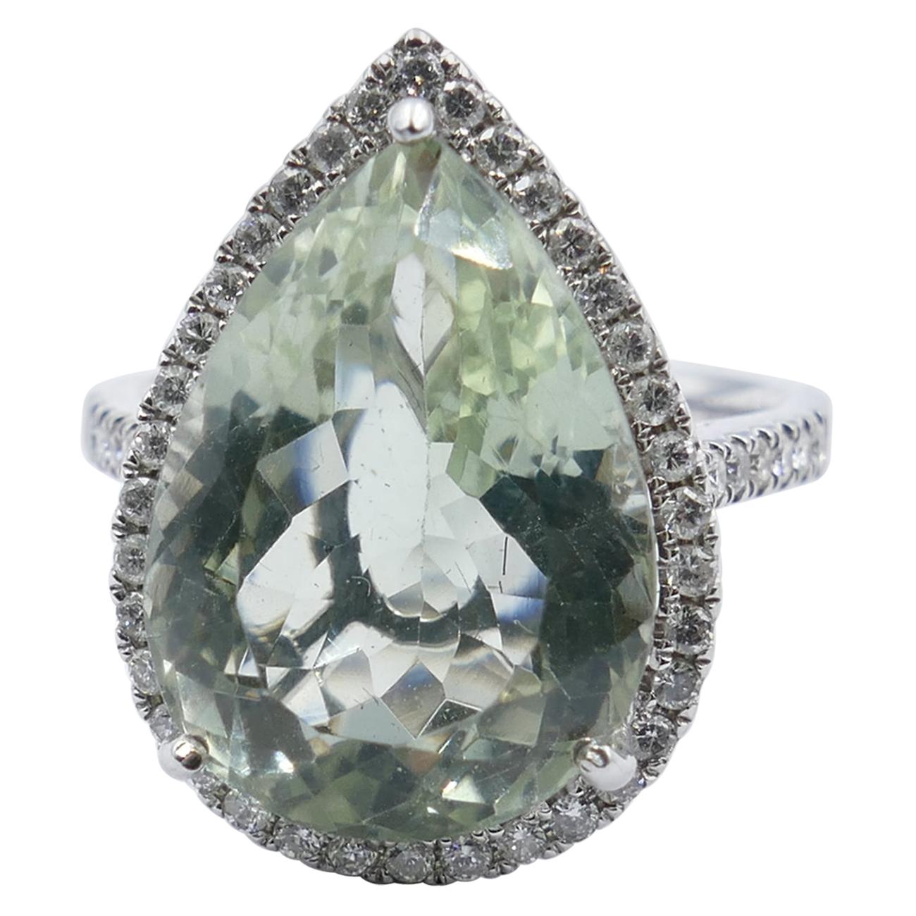 18 Carat White Gold Prasiolite and Diamond "Pear" Ring For Sale