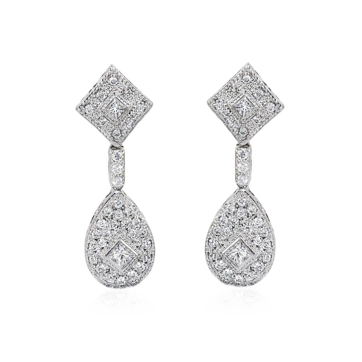 18 Carat White Gold Princess Cut and Brilliant Cut Diamond Cluster Drop Earrings