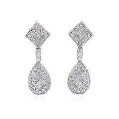 18 Carat White Gold Princess Cut and Brilliant Cut Diamond Cluster Drop Earrings