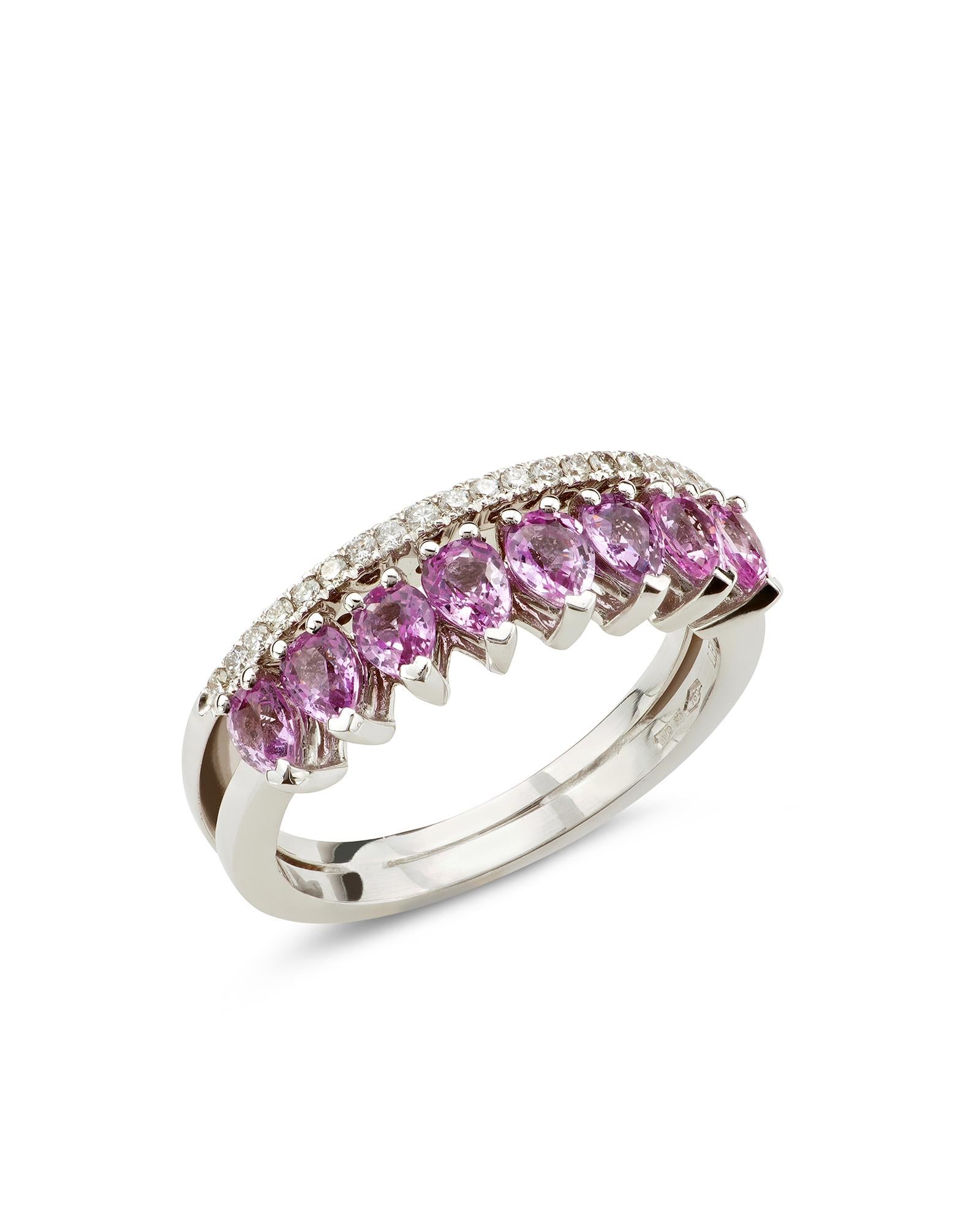 With this ring you can have a unique and particular style. The white gold with pink sapphire and diamonds let this ring shine even more.
This ring could be combine with the other rings from the same line with different color

Characteristics:
• 18
