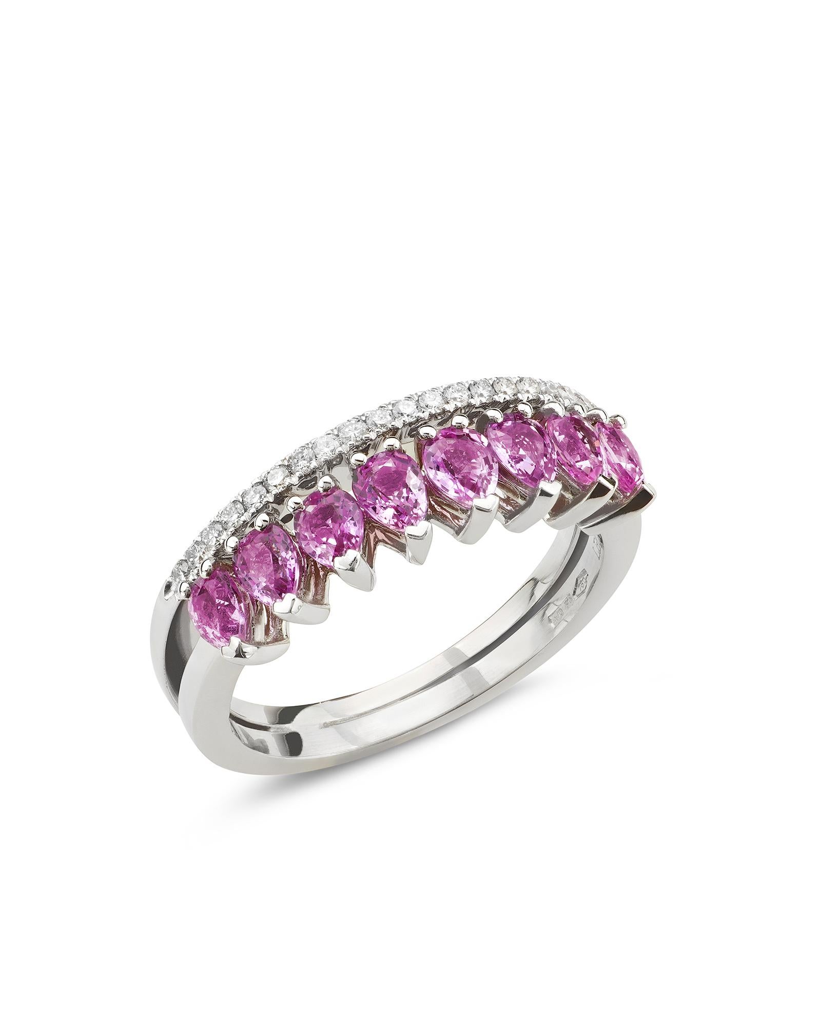 Brilliant Cut 18 Carat White Gold, Ring with Pink Sapphire and Diamonds, Leonori Jewel For Sale