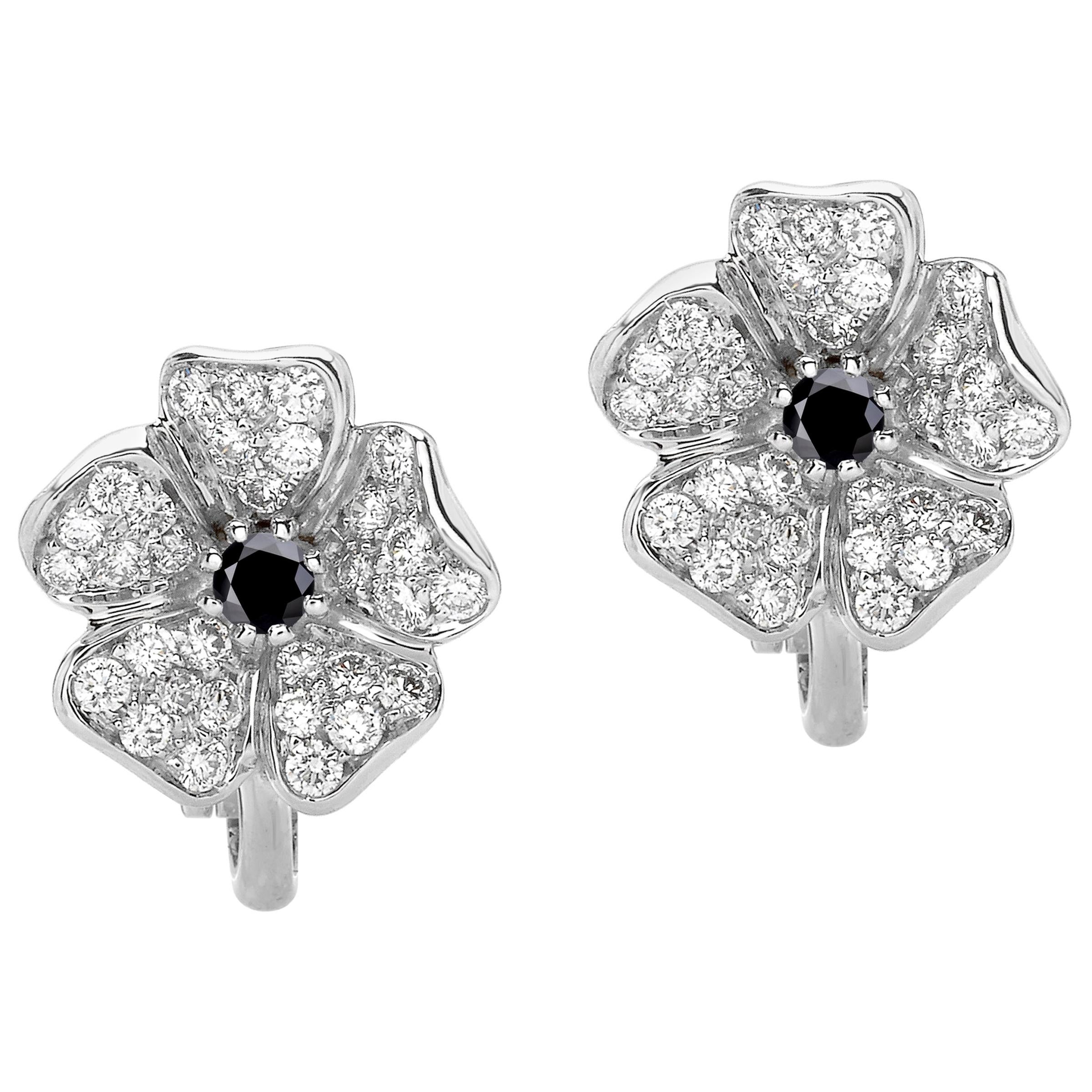 18 Carat White Gold Round Brilliant Cut Black and White Diamonds Earrings For Sale