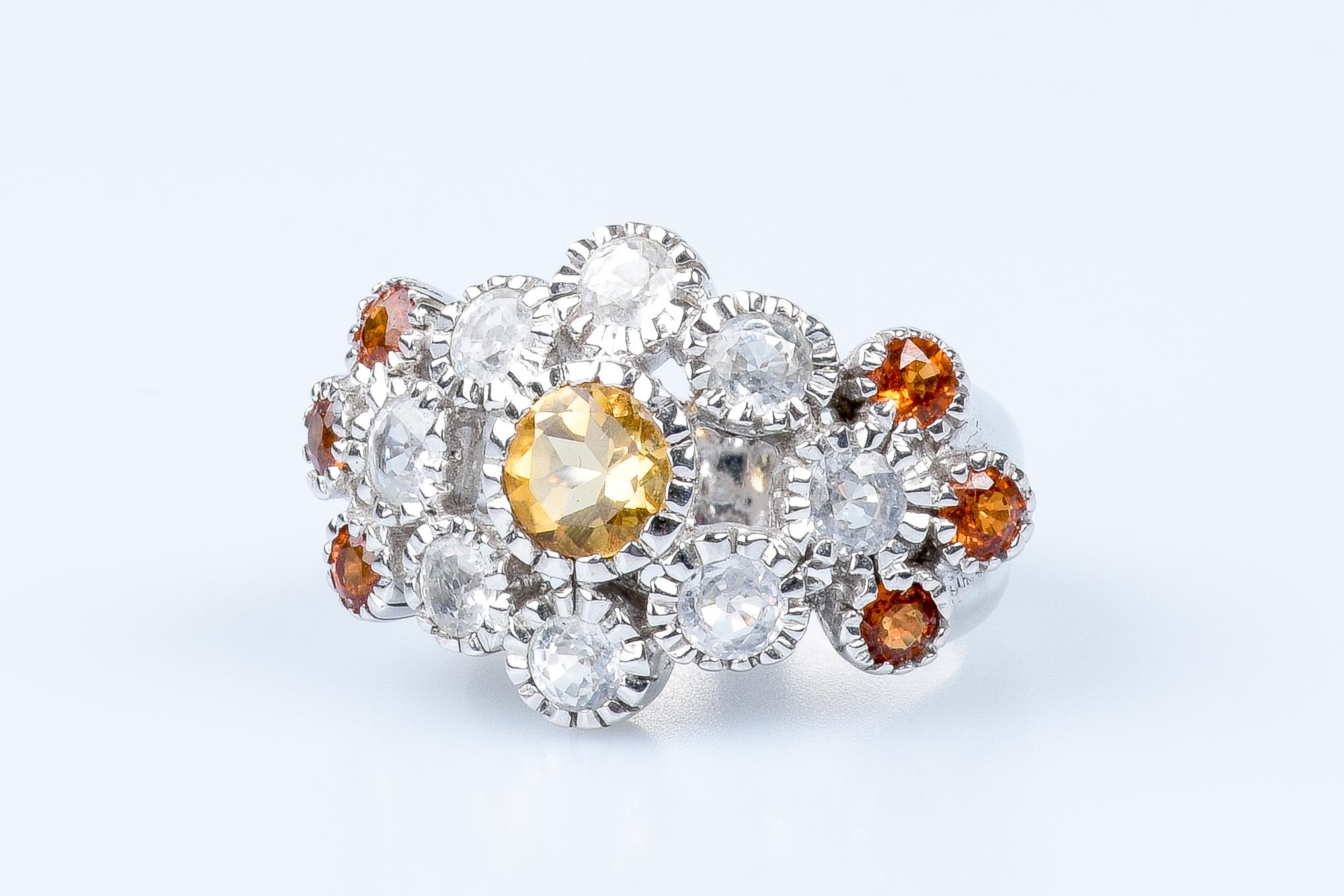 18 carat white gold round citrine, white sapphires and topazes ring  For Sale 5