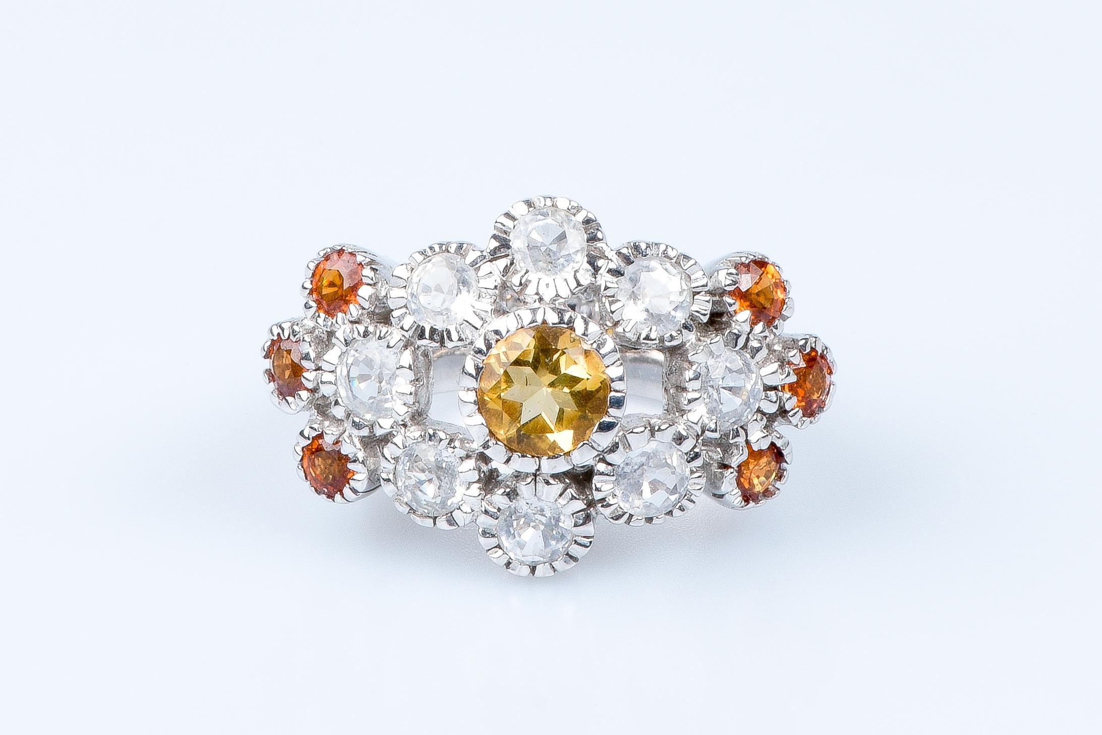 Round Cut 18 carat white gold round citrine, white sapphires and topazes ring  For Sale