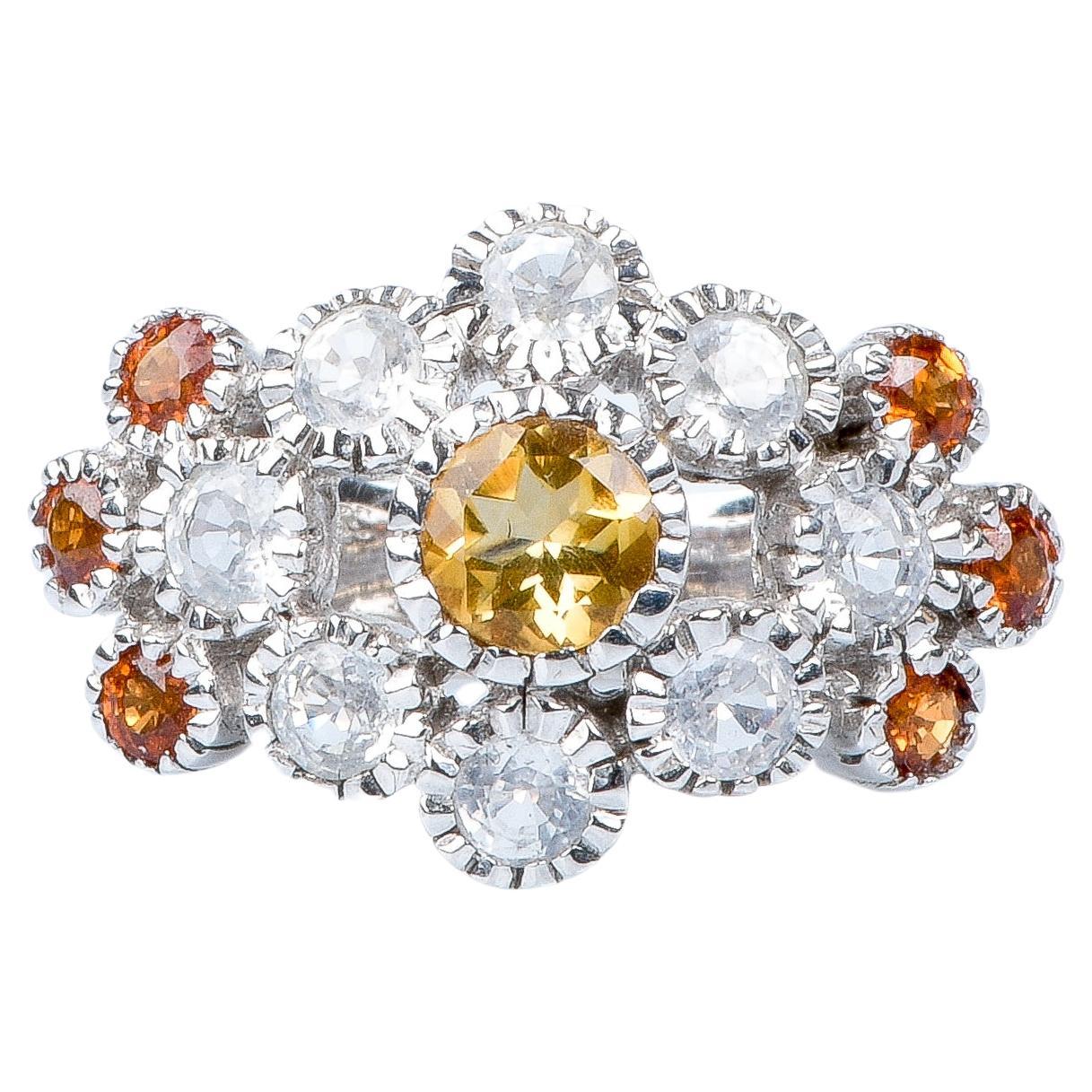 18 carat white gold round citrine, white sapphires and topazes ring  For Sale