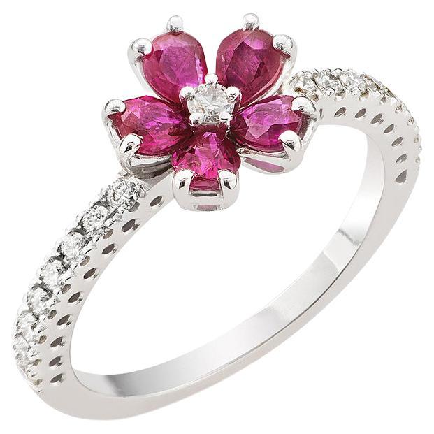 18 Carat White Gold, Rubies and Diamonds, Ring "Cherry Blossom", Flower Jewelry