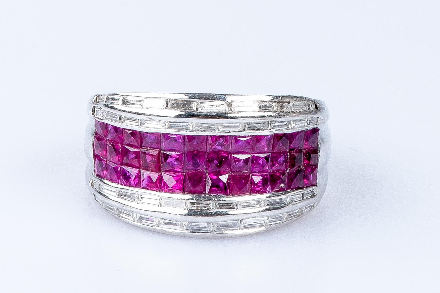Square Cut 18 carat white gold rubies diamonds ring  For Sale