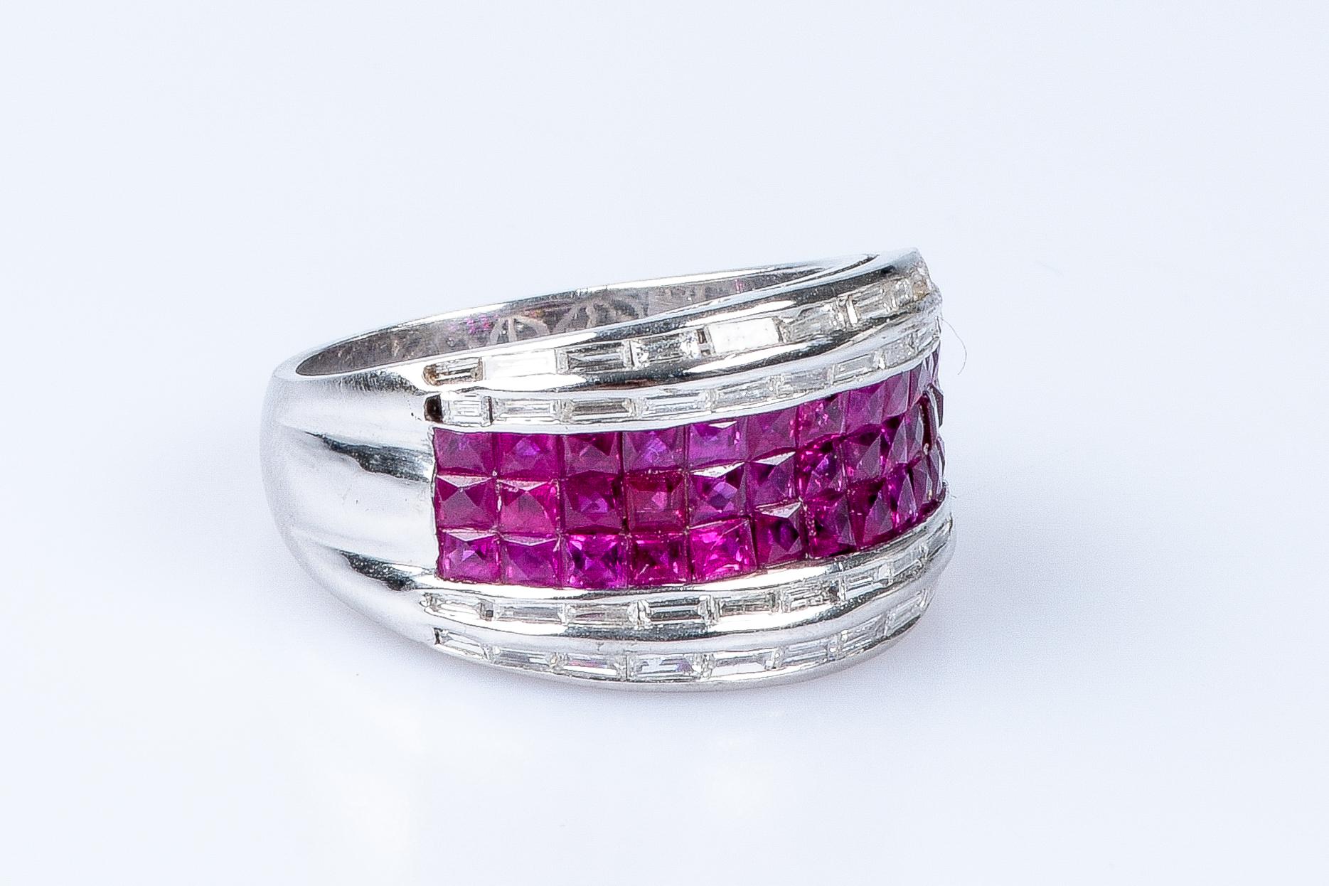 Women's 18 carat white gold rubies diamonds ring For Sale