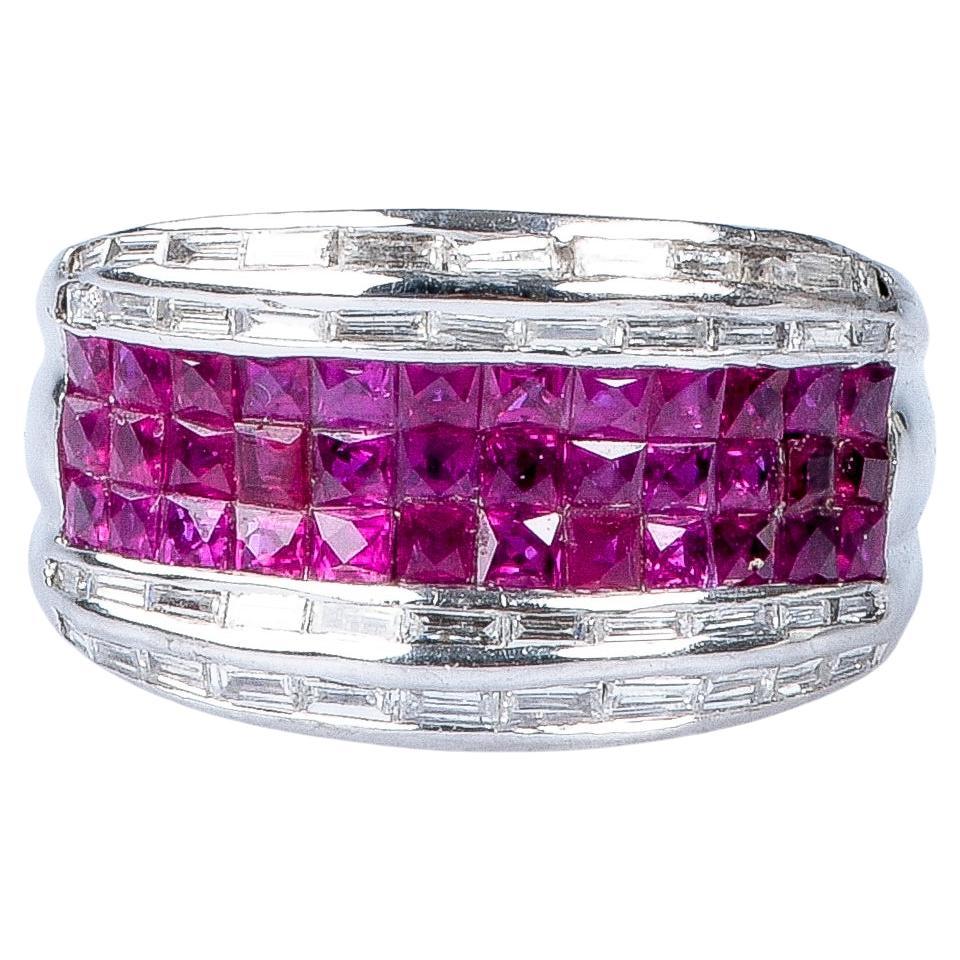 18 carat white gold rubies diamonds ring  For Sale