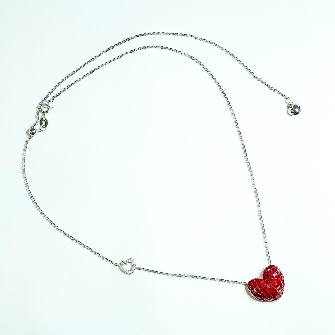 Modern 18 Carat White Gold Ruby and Diamond Heart Pendant in Invisible Setting For Sale