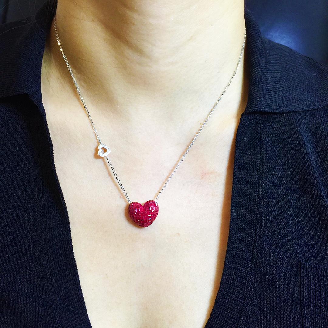 18 Carat White Gold Ruby and Diamond Heart Pendant in Invisible Setting For Sale 1