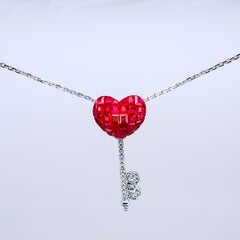 18 Carat White Gold Ruby and Diamond Pendant Necklace Heart Key