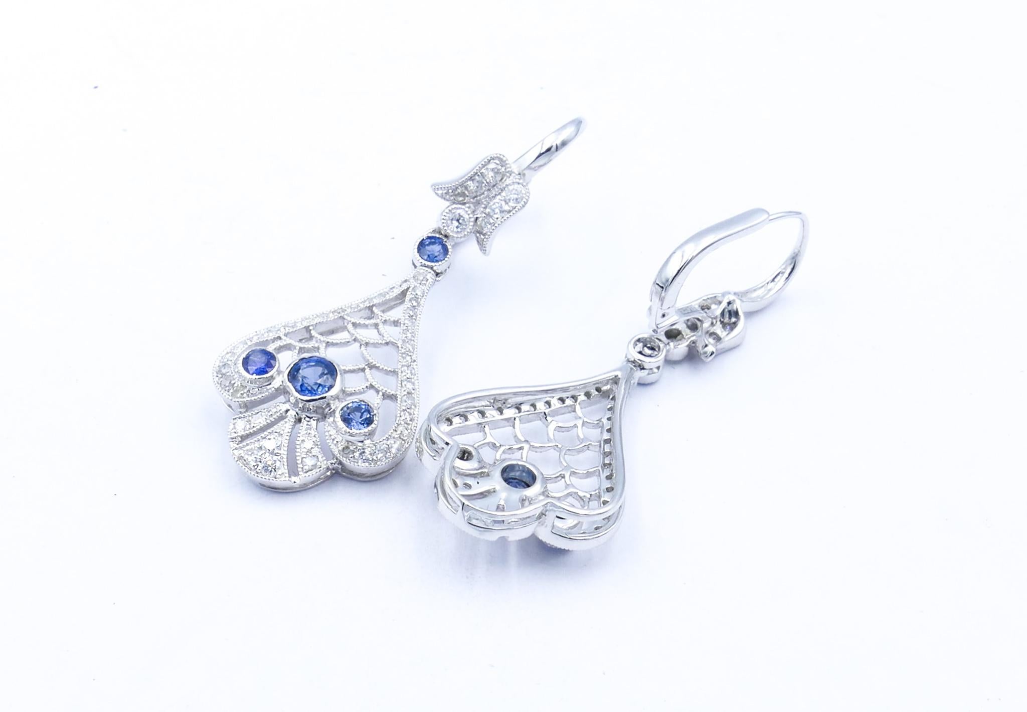 Round Cut 18 Carat White Gold Sapphire and Diamond Earrings For Sale