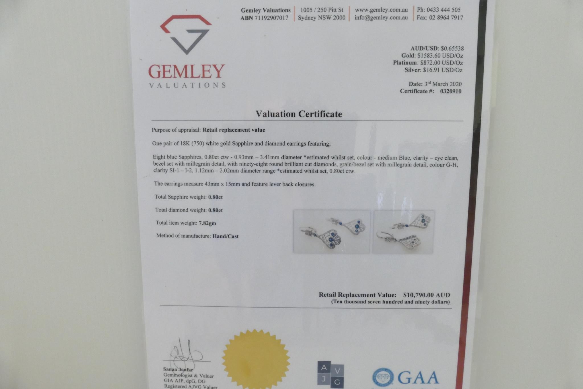 18 Carat White Gold Sapphire and Diamond Earrings In New Condition For Sale In Splitter's Creek, NSW
