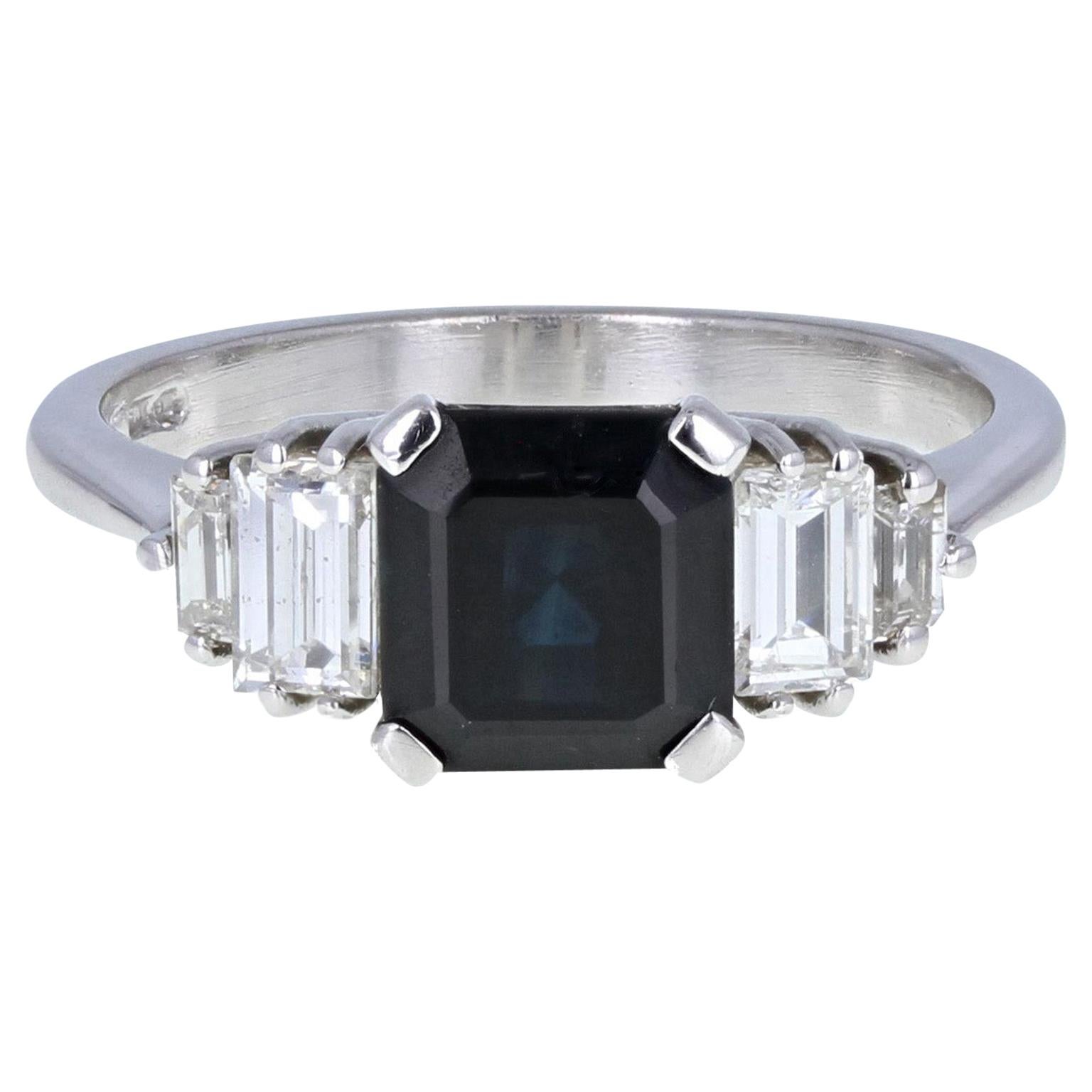 18 Carat White Gold Square Emerald Cut Sapphire Diamond Cocktail Ring For Sale