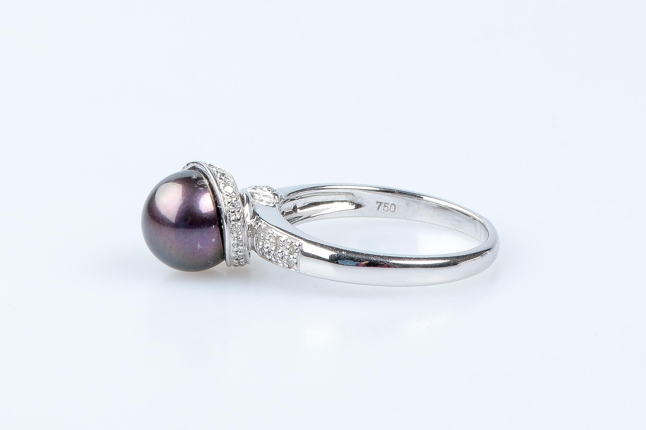 18 carat white gold Tahiti pearl and diamonds ring  For Sale 7