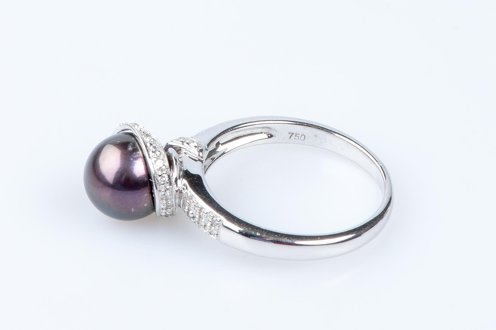 18 carat white gold Tahiti pearl and diamonds ring  For Sale 8