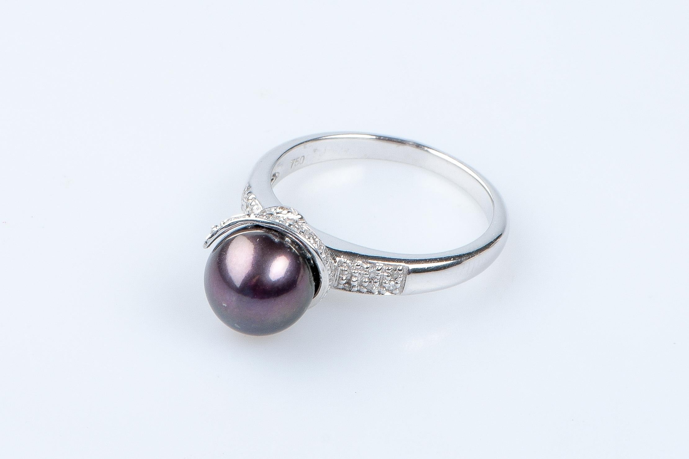18 carat white gold Tahiti pearl and diamonds ring  For Sale 9