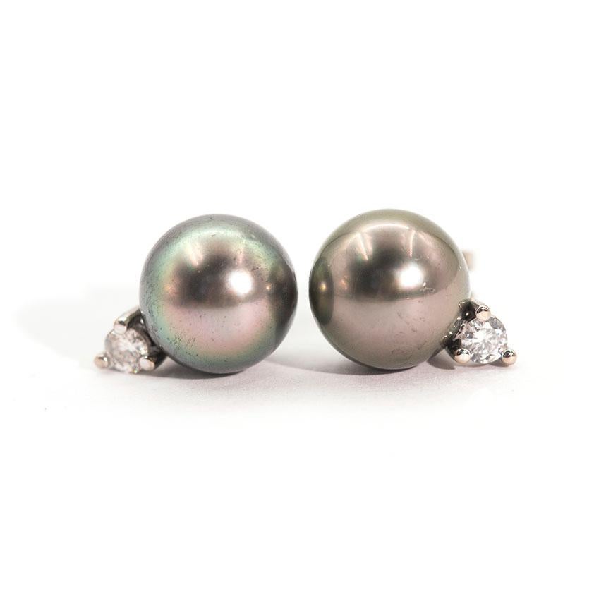 Carefully crafted in 18 white gold are these charming Tahitian Pearl and round brilliant cut diamond stud earrings. We have named this gorgeous vintage splendour The Sabine Earrings. The Sabine Earrings are perfect for any occasion, easily