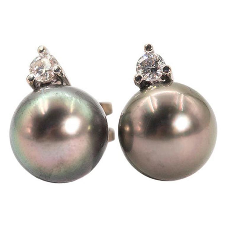 18 Carat White Gold Tahitian Pearls and 0.20 Carats Round Diamond Stud Earrings