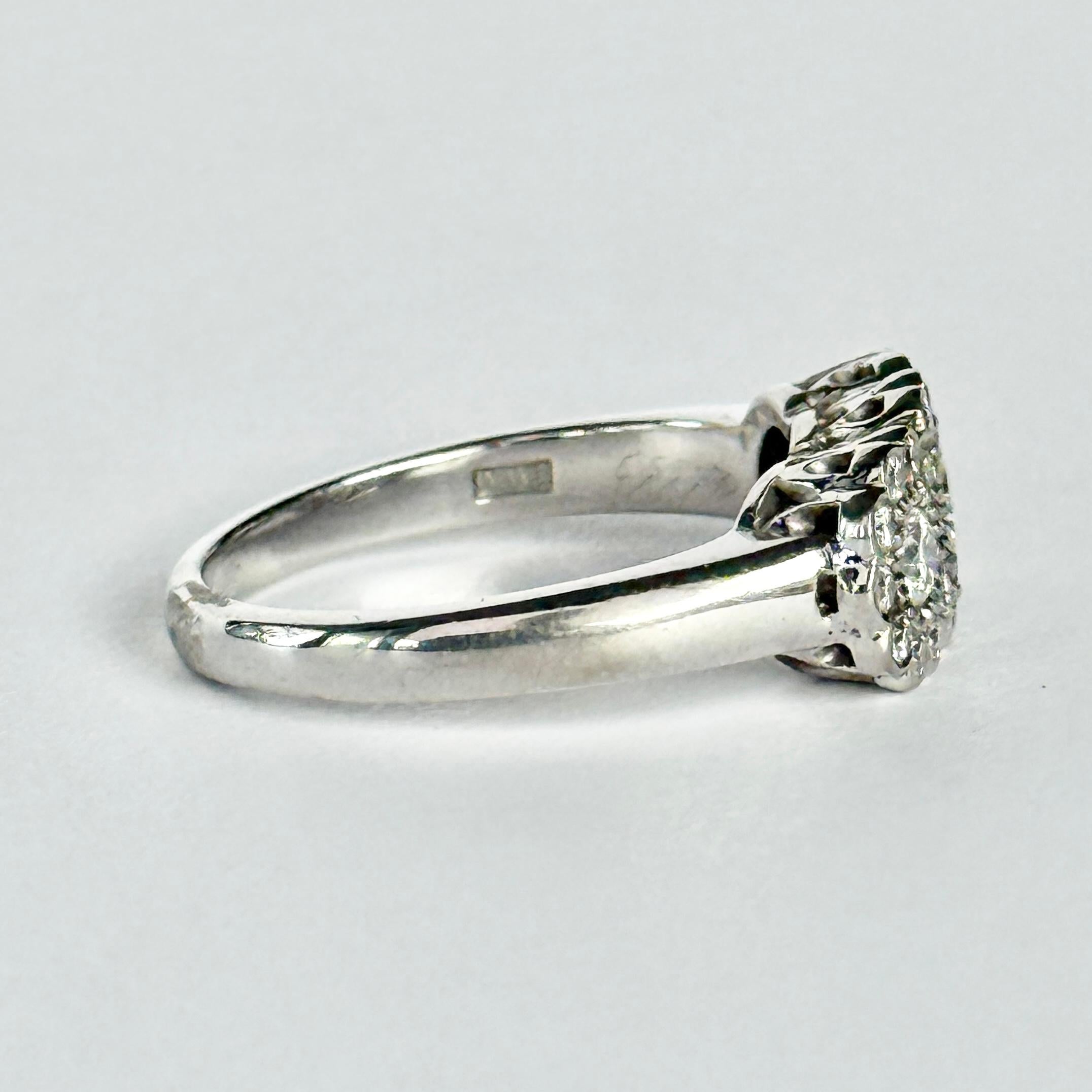 Old European Cut 18 Carat White Gold Triple Cluster Diamond Ring For Sale