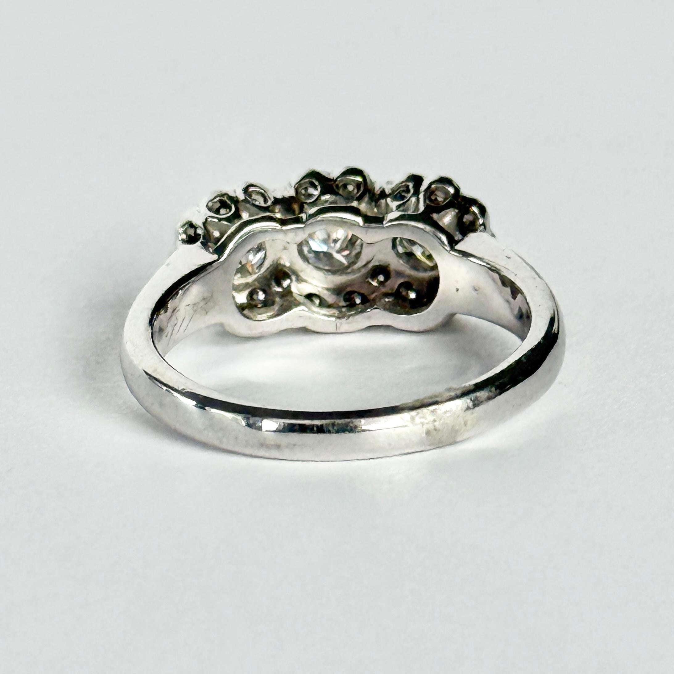 18 Carat White Gold Triple Cluster Diamond Ring For Sale 2