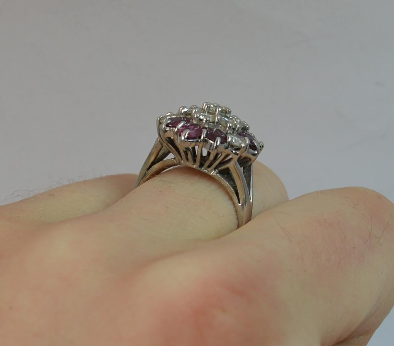 Retro 18 Carat White Gold VS Diamond and Ruby Cluster Ring