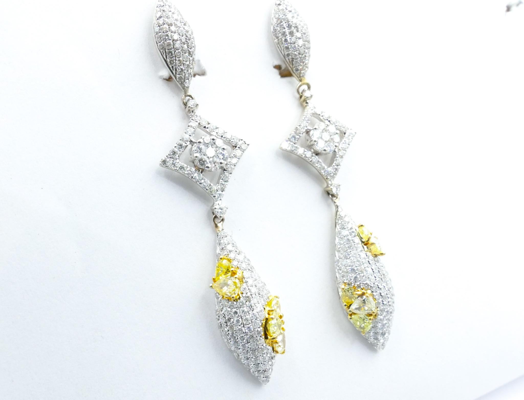 Modern 18 Carat White Gold Yellow and White Diamond Drop Earrings For Sale