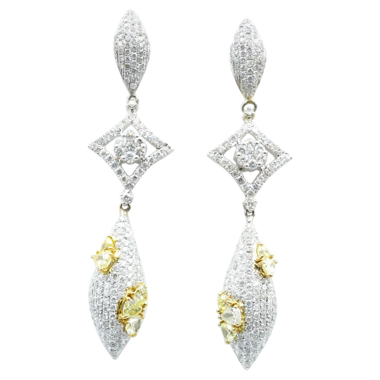 18 Carat White Gold Yellow and White Diamond Drop Earrings For Sale