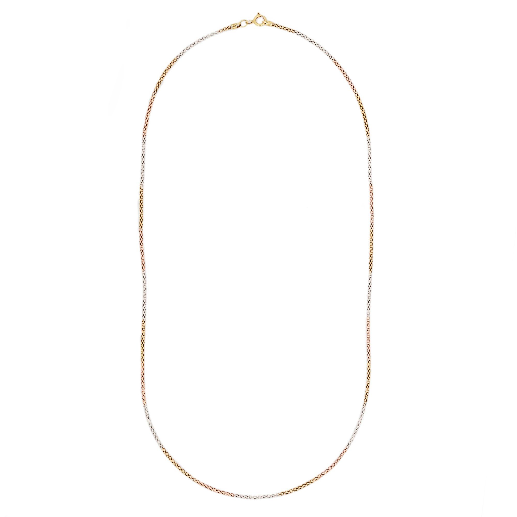 Also known as a Coreana chain, this tricolour popcorn chain is a timeless addition to any fine jewellery collection.

With a seamless blend of 18 carat yellow, rose, and white gold, this piece has a soft ombré effect that shifts beautifully in the