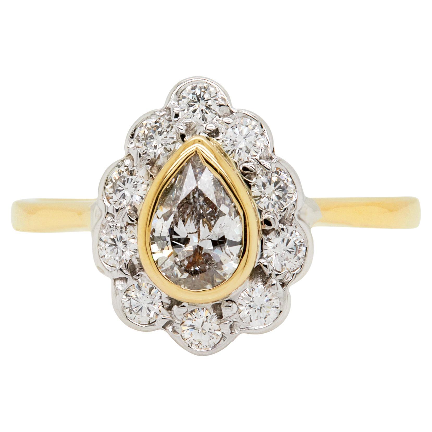 18 Carat White & Yellow Gold Pear Shape Diamond Coronet Cluster Engagement Ring