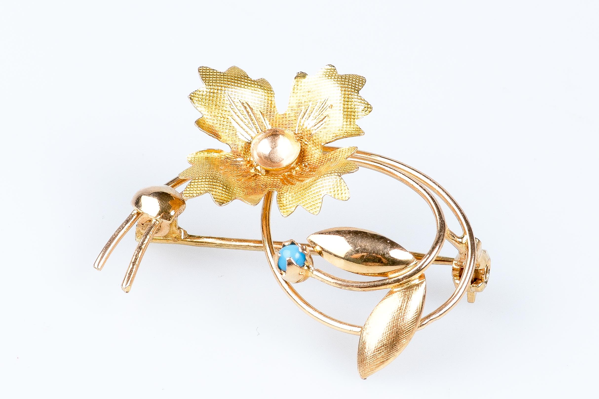 18 carat yellow and pink gold turquoise brooch In Excellent Condition For Sale In Monte-Carlo, MC