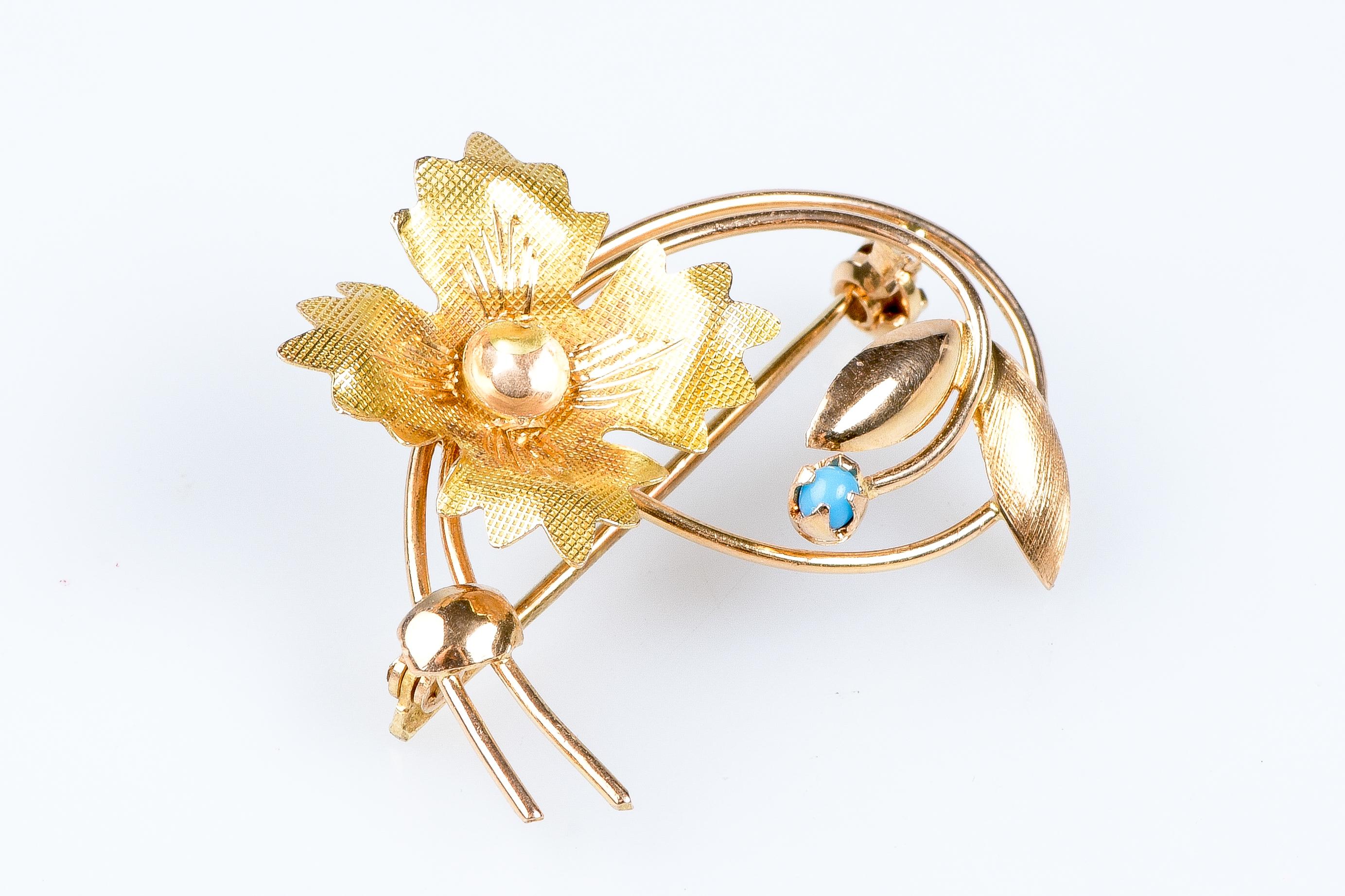 18 carat yellow and pink gold turquoise brooch For Sale 1