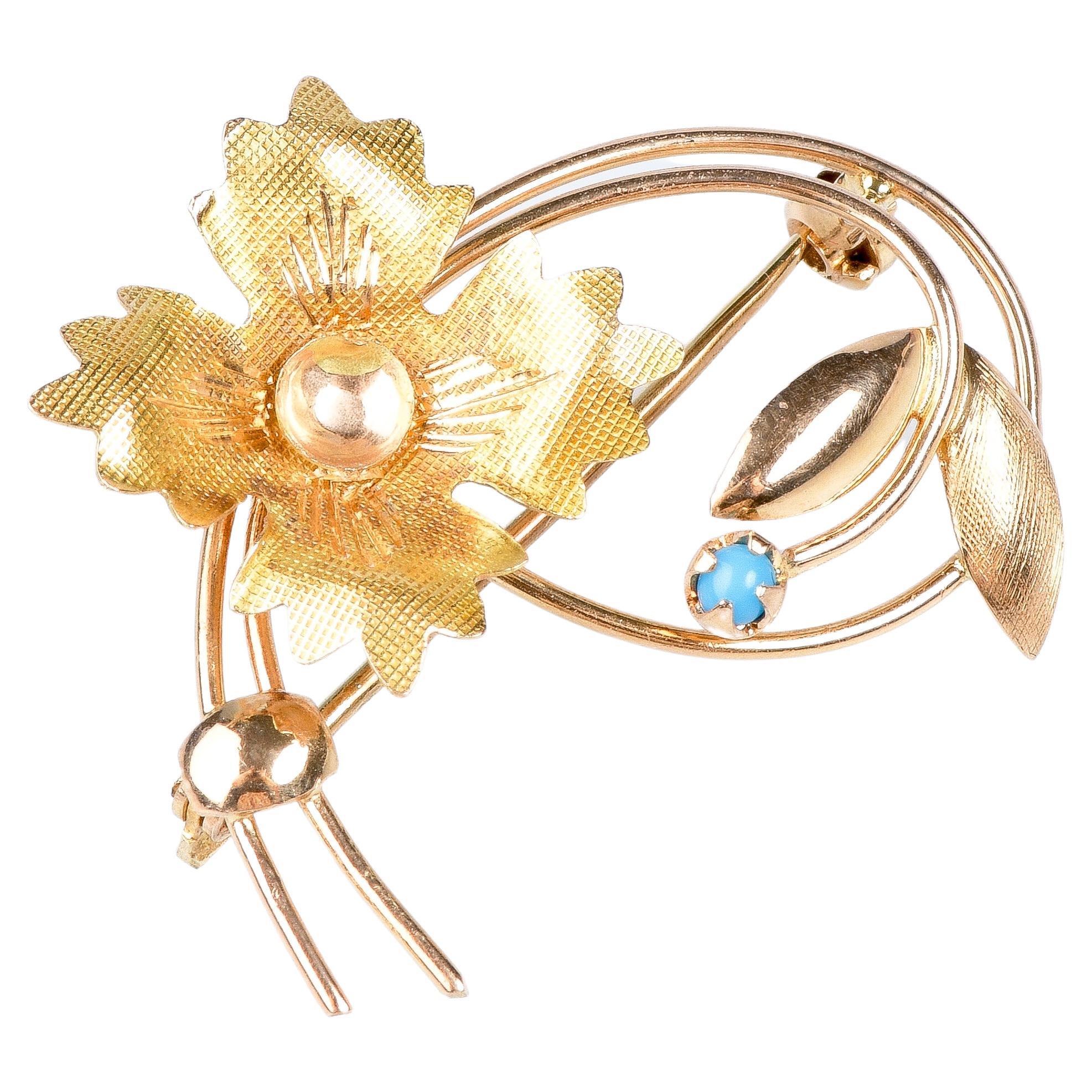 18 carat yellow and pink gold turquoise brooch For Sale