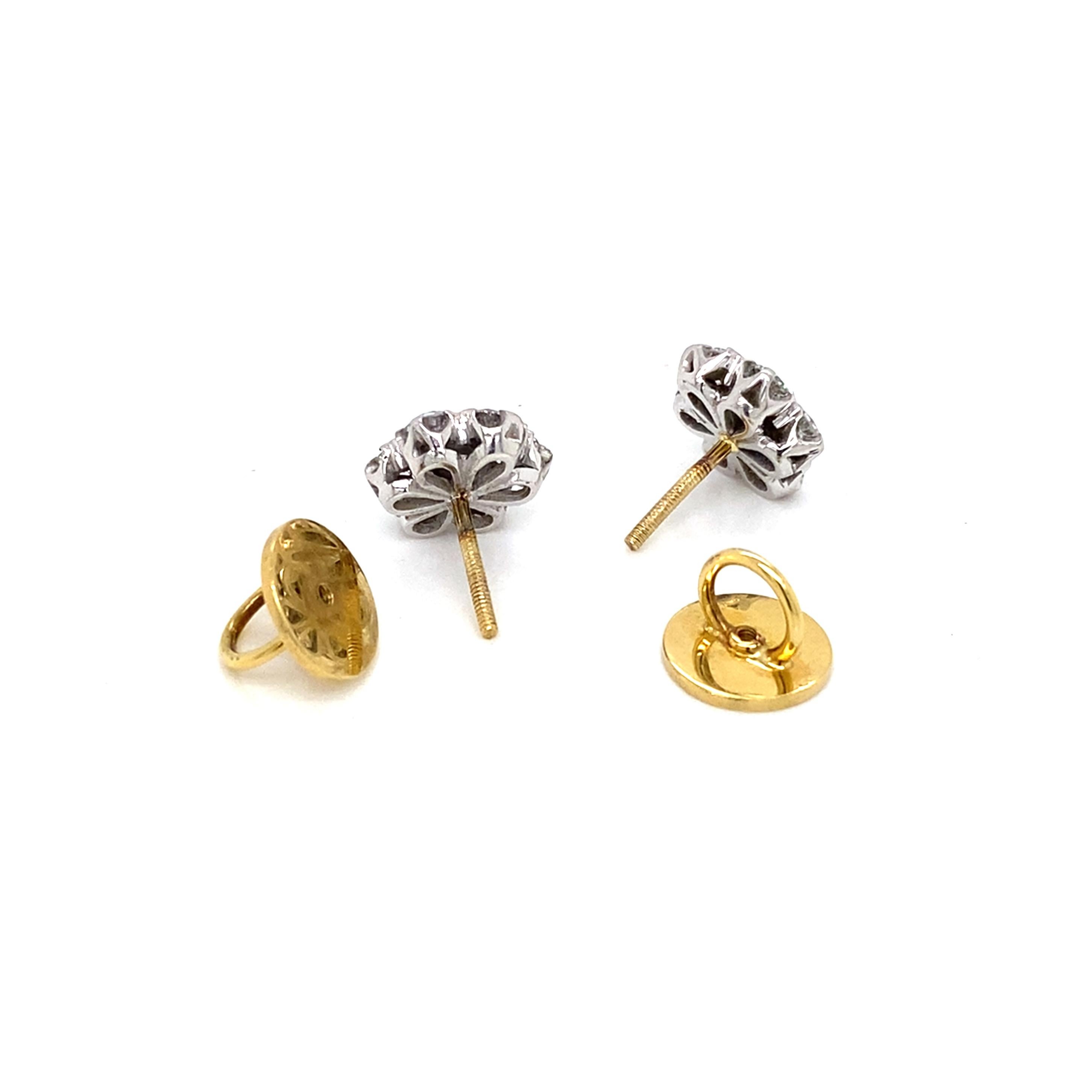 Modern 18 Carat Yellow and White Gold Diamond Floral Cluster Stud Earrings For Sale