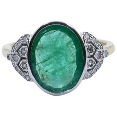 18 Carat Yellow and White Gold Natural Emerald and Diamond Engagement/Dress Ring