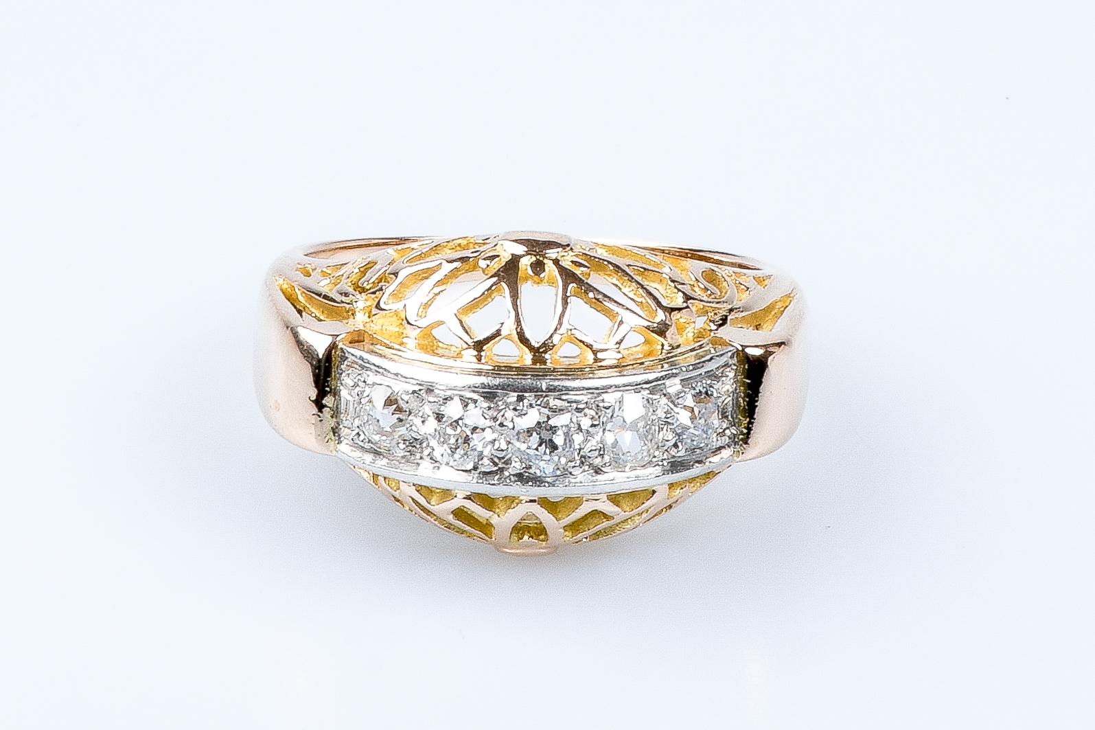 For Sale:  18 carat yellow and white gold ring designed with 5 round brillant cut diamonds 2