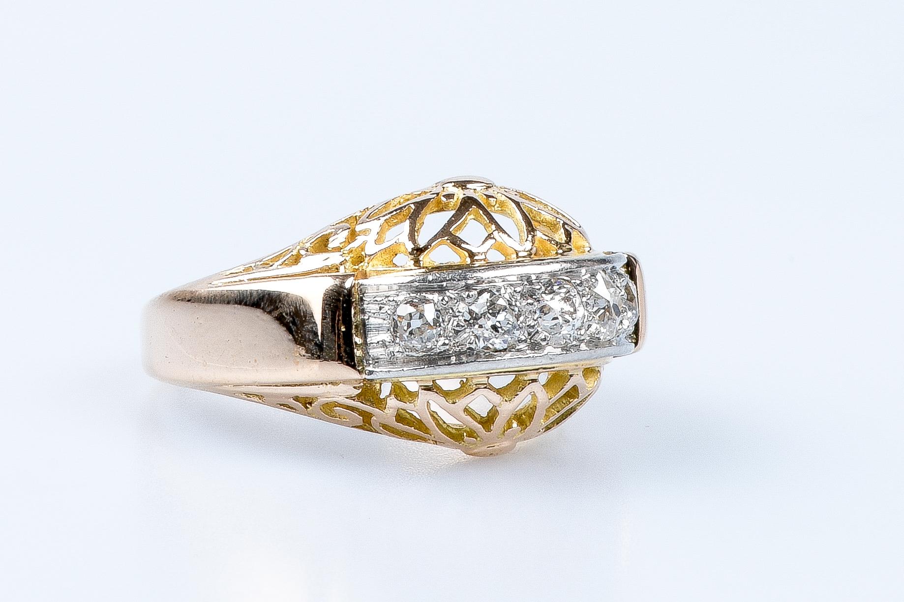 For Sale:  18 carat yellow and white gold ring designed with 5 round brillant cut diamonds 6