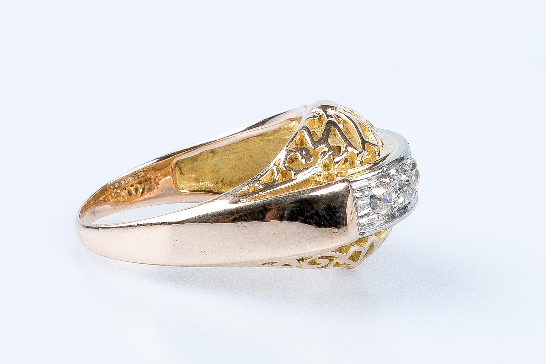 For Sale:  18 carat yellow and white gold ring designed with 5 round brillant cut diamonds 7