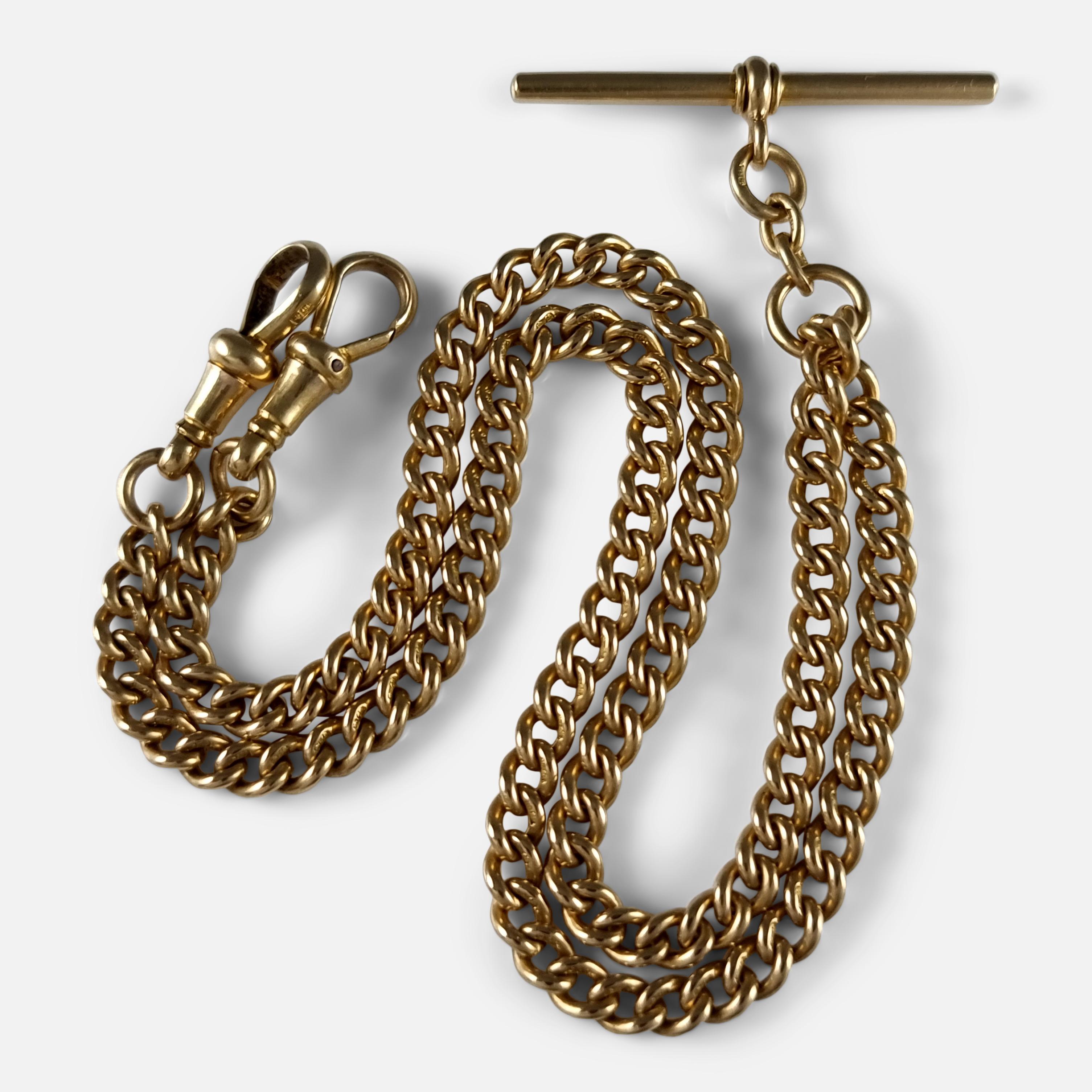 An antique George V 18 carat yellow gold albert watch chain, and T-bar; London, 1919. 

Date: - 1919.

Engraving: - N/A.

Measurement: - The watch chain measures approximately 15 5/8 inches (39.7cm) end to end. The chain links are 0.5cm
