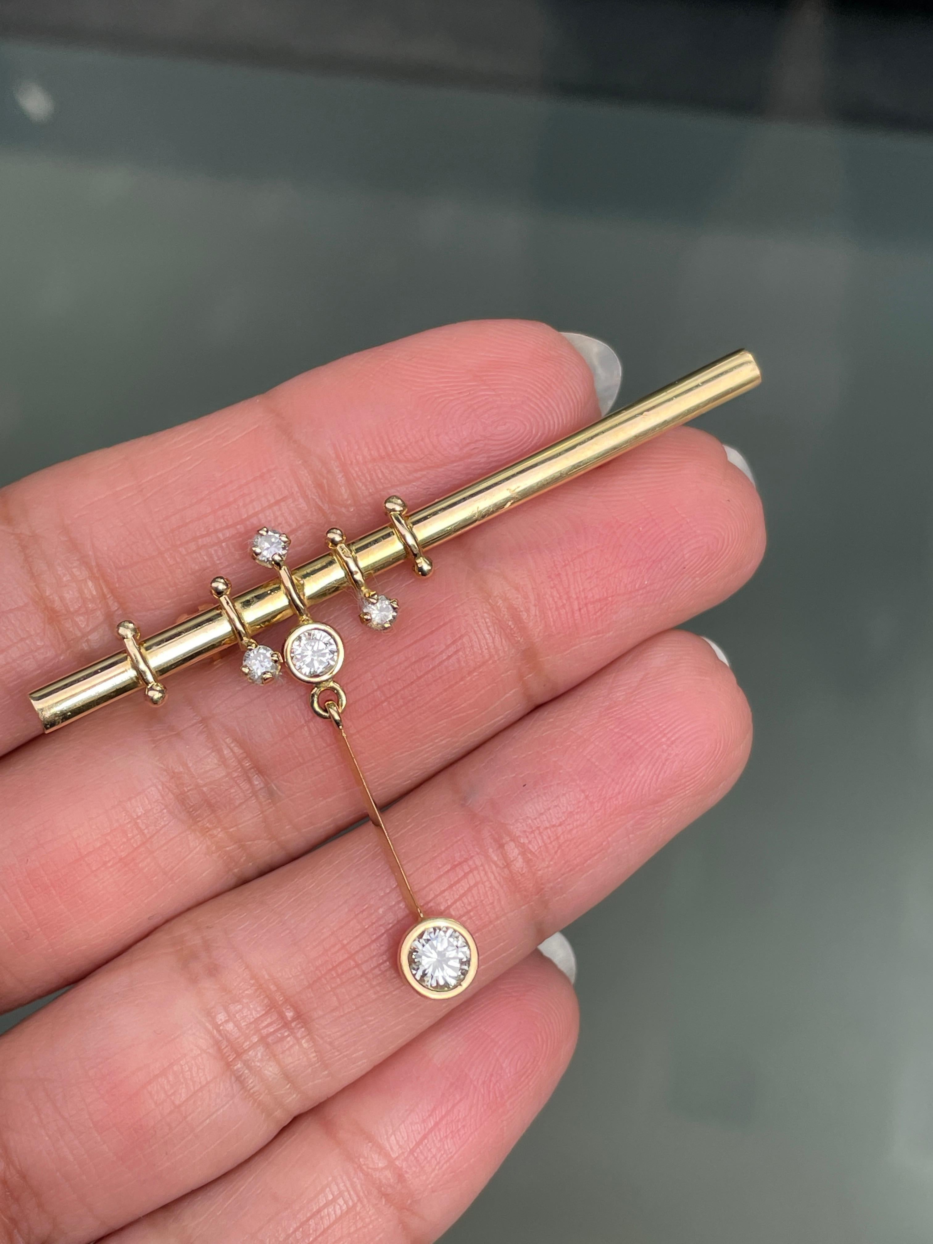 Modern 18 Carat Yellow Gold and Diamond Drop Bar Brooch For Sale