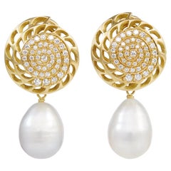 18 Carat Yellow Gold and Freshwater Pearl Diamond Earrings