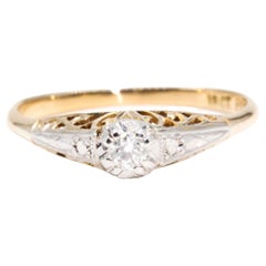 18 Carat Yellow Gold and Platinum Solitaire Transition Cut Diamond Vintage Ring