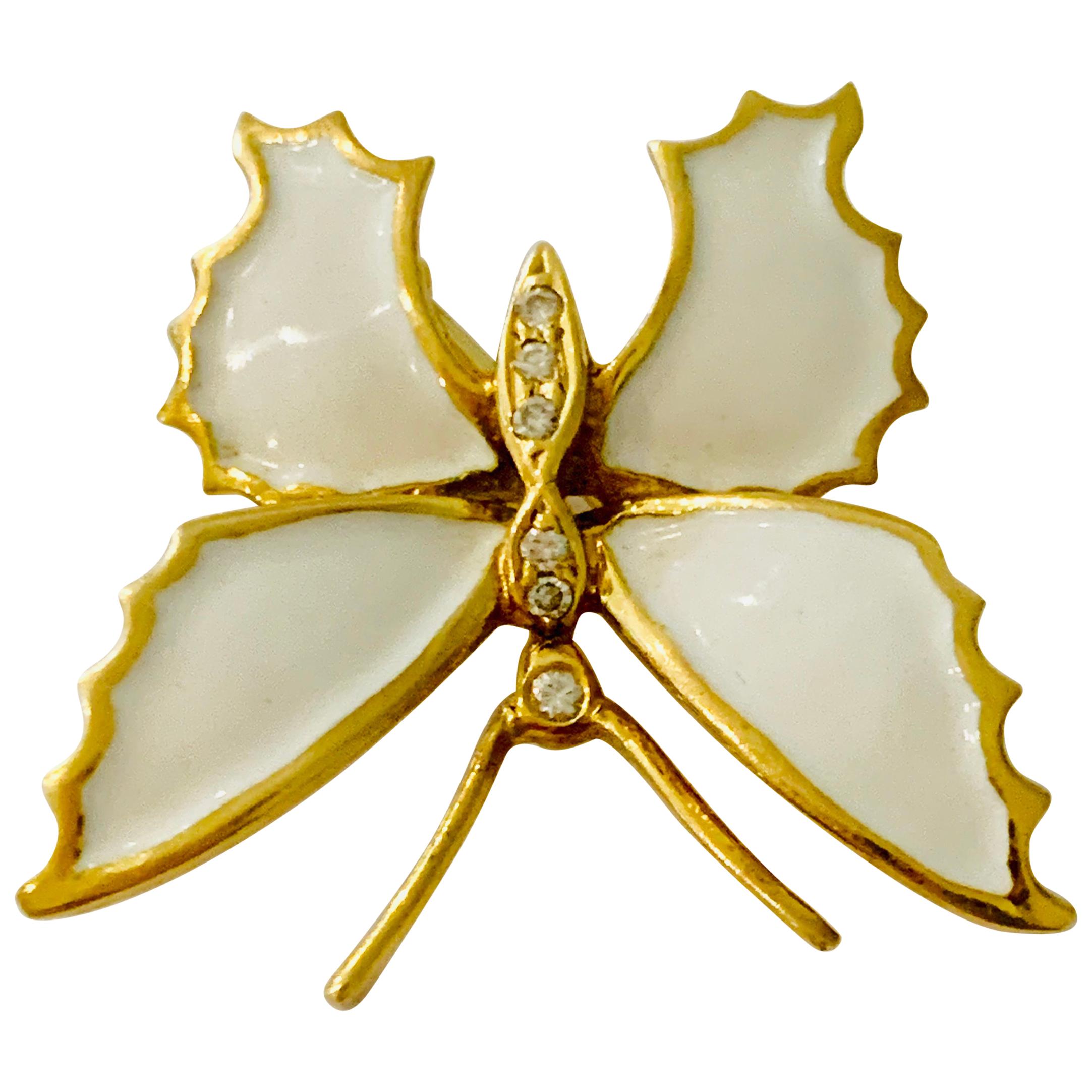 18 Carat Yellow Gold and White Enamel Butterfly Diamond Set Brooch For Sale