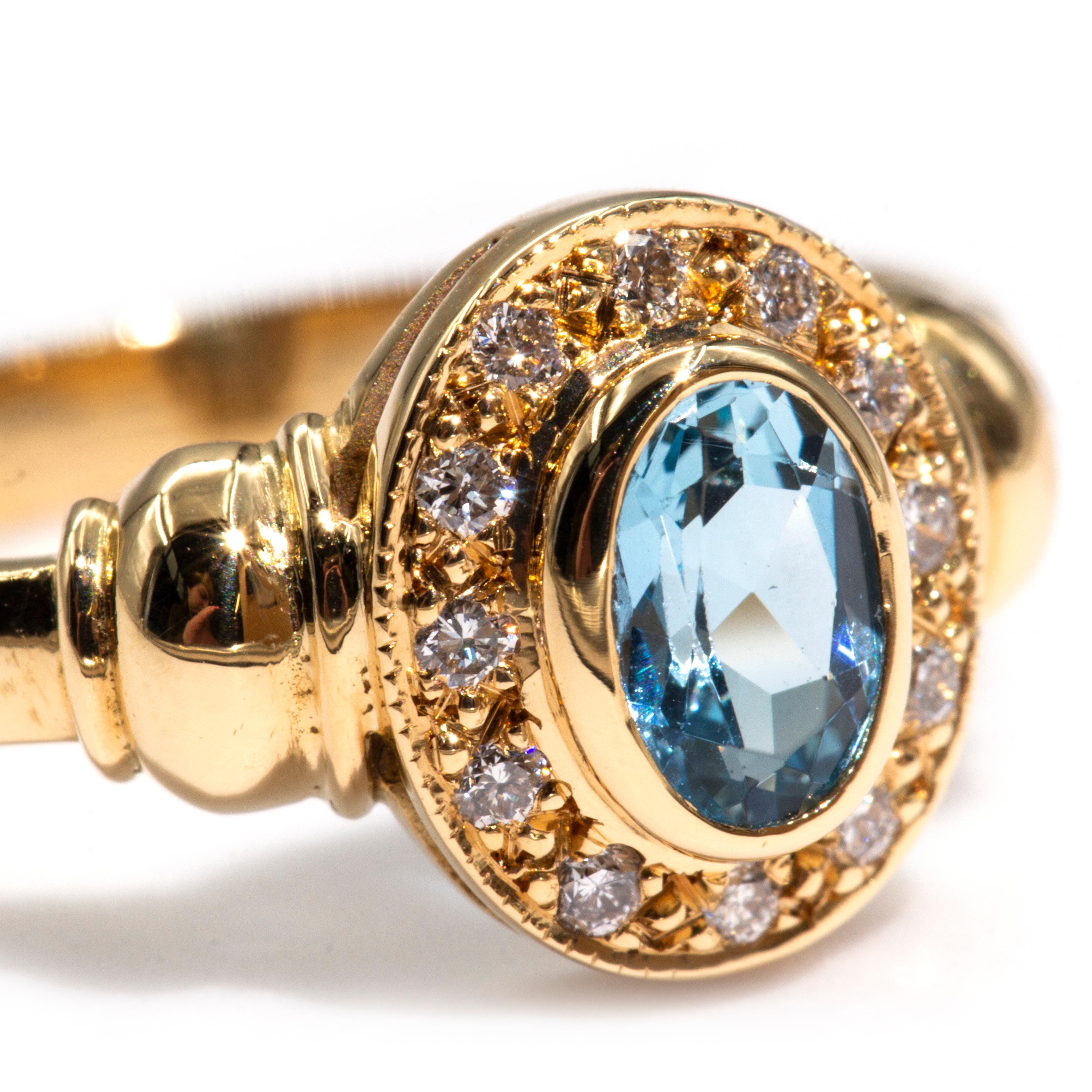 Women's 18 Carat Yellow Gold Aquamarine and Round Diamond Halo Vintage Cluster Ring