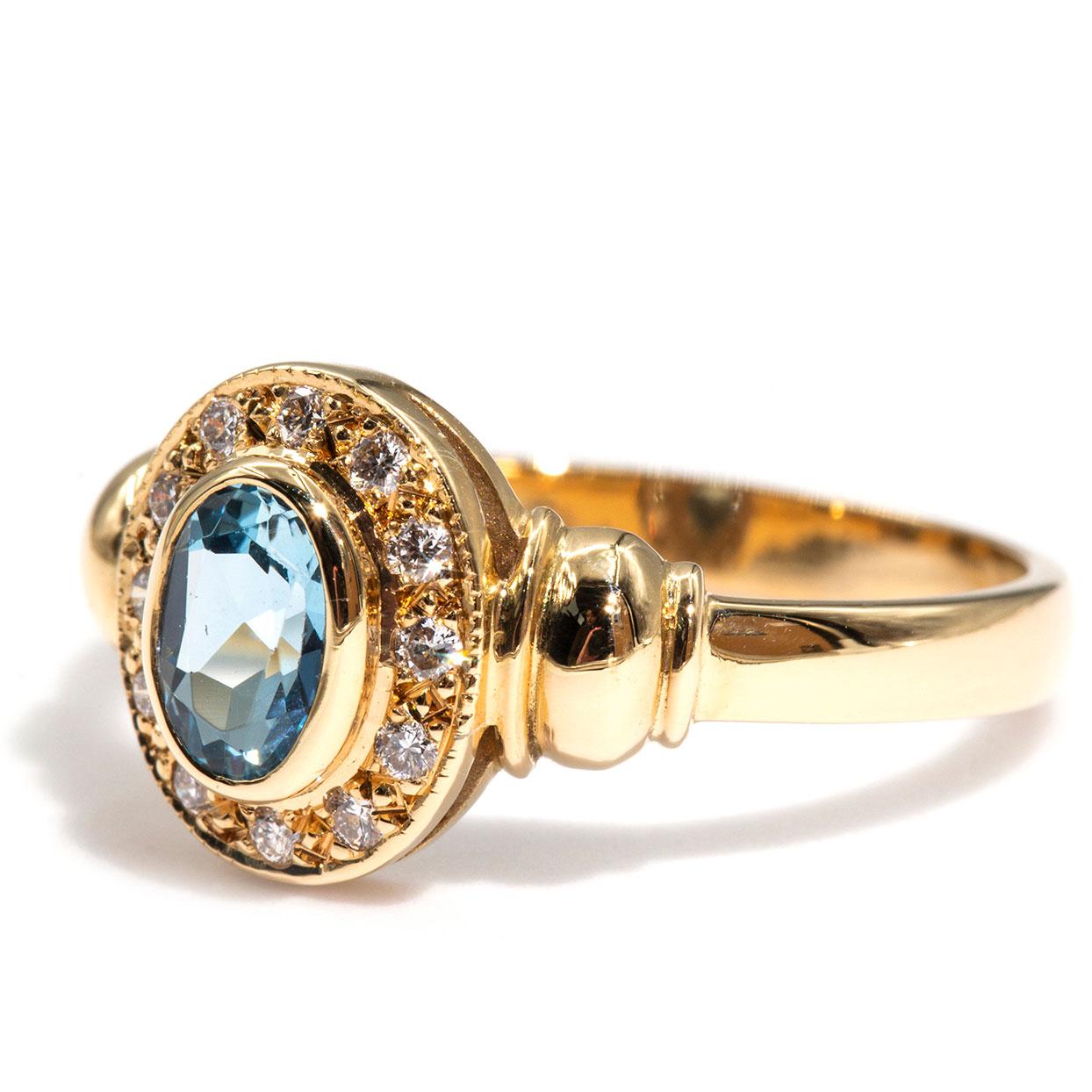 18 Carat Yellow Gold Aquamarine and Round Diamond Halo Vintage Cluster Ring 2