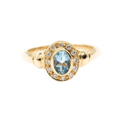 18 Carat Yellow Gold Aquamarine and Round Diamond Halo Vintage Cluster Ring
