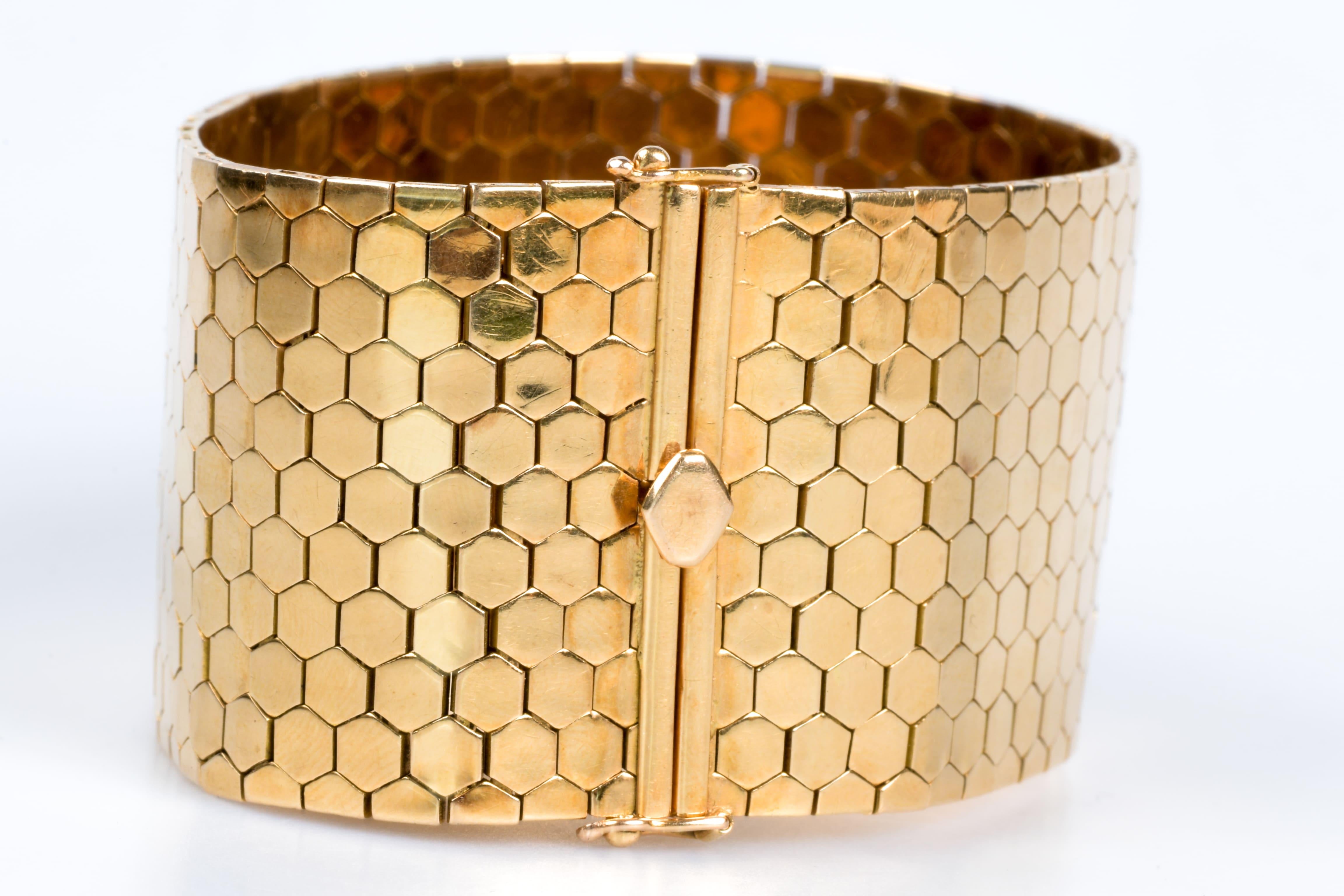 Pulsera de oro amarillo de 18 quilates en malla de felpudo con cierre de trinquete, seguridad ocho 5